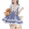 Summer Sea Salt Series College Navy Collar Ruffle Puff Sleeve Blue White Bunny Ears Ribbon Bowknot School Lolita Dress