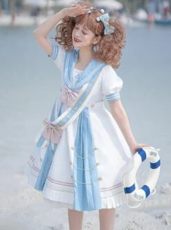 Navy Style Stripe Navy Collar Bow-Knot Detachable School Lolita Short Sleeve Dress -NAUS Lolita Shop 3 500x672 821