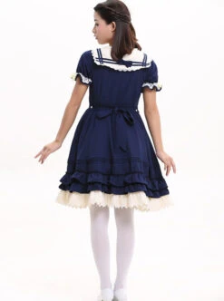 Navy Blue Bowknot Sweet Lolita Short Sleeve Dress -NAUS Lolita Shop 3 500x672 958
