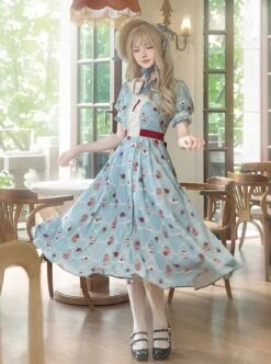 Rose Garden Series Blue Tea Party Rose Print Square Collar Spliced Contrast Color Lace Classic Lolita Puff Sleeves Dress -NAUS Lolita Shop 3 500x672 97