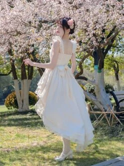 Elegant Summer Pure Color V Neck Bowknot Decoration Front Short Back Long Irregular Hem Design Classic Lolita Sleeveless Dress -NAUS Lolita Shop 4 500x672 1