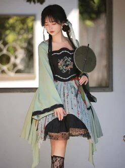 Orchid Pavilion Hidden Mountain Series Chinese Style Begonia Bamboo Leaf Snake Embroidery Calligraphy Green Classic Lolita Loose Sleeves Dress OP -NAUS Lolita Shop 4 500x672 101