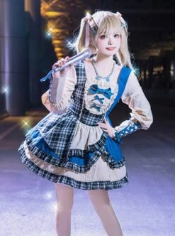 Sweet-Cool Girl Square Collar Bowknot Lace Decoration Denim Plaid Contrast Color Splicing Irregular Sweet Lolita Long-Sleeved Dress