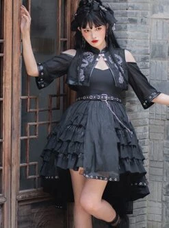 Chinese Style Black Stand-Up Collar Off-The-Shoulder Mid-Sleeve Embroidered Short Coat Metal Decorate Hem Punk Lolita Sleeveless Dress Suit -NAUS Lolita Shop 4 500x672 1118