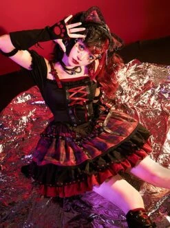 Shibuya Kitty Series Black Red Plaid Ribbon Bowknot Idol Subculture Y2K Bare Shoulders Punk Lolita Dress -NAUS Lolita Shop 4 500x672 1130