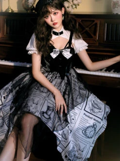 Black White Alice Series OP Retro Splicing Irregular Hem Punk Lolita Short Sleeve Dress -NAUS Lolita Shop 4 500x672 1133