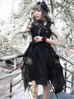 Undead Waltz Series Halter Neck Slim Fit Irregular Drawstring Hem Black Simple Sexy Punk Lolita Sleeveless Dress -NAUS Lolita Shop 4 500x672 1137