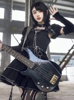 Black Satin Jacquard Metal Chain Decorate Belt Shawl Sleeves Multi-Wear Punk Lolita Sleeveless Dress Set -NAUS Lolita Shop 4 500x672 1141