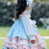 Solid Color Doll Collar Embroidered Lace Bow-Knot Decorate Velvet Sweet Lolita Kids Long Sleeve Dress
