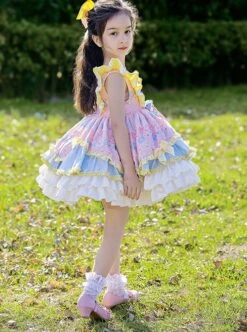 Yellow Pink Blue Simplicity Retro Style Spring Autumn Kids Cartoon Princess Fluffy Ruffles Bowknot Sweet LolitaSleeveless Dress -NAUS Lolita Shop 4 500x672 1149