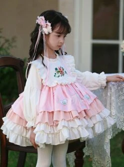 Autumn Winter Pink Floral Embroidery Heart Pattern Pink Plaid Bowknot Ruffle Sweet Lolita Kids Long Sleeves Dress -NAUS Lolita Shop 4 500x672 1150