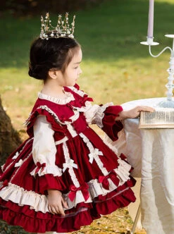 Autumn Winter Bowknot Ruffle Delicate Children Sweet Lolita Kids Wine Red Long Sleeve Dress -NAUS Lolita Shop 4 500x672 1154