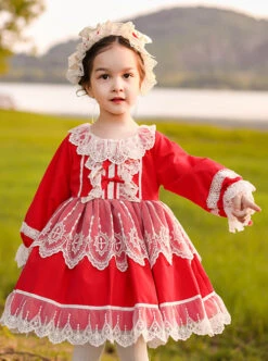 White Lace Red Pure Color Children Sweet Lolita Long Sleeve Dress -NAUS Lolita Shop 4 500x672 1155