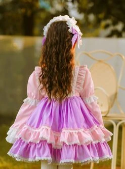 Pink Purple Color-Block Puff Sleeve Princess Dress With Lace Bow-Knot Decoration Sweet Lolita Kids Long-Sleeved Dress