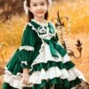 Green Velvet Princess Dress Stitching Lantern Sleeves Autumn Winter Classic Lolita Kids Long-Sleeved Dress