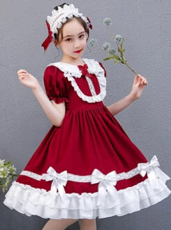White Lace Doll Collar Wine Red Pure Color Children Lolita Short Sleeve Dress -NAUS Lolita Shop 4 500x672 1161