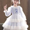 Bowknot White Tulle Lace Children Sweet Lolita Kids Plaid Long Sleeve Dress