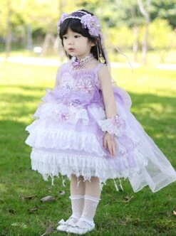 Summer Purple Three-Dimensional Flower Decoration Lace Bowknot Princess Dress Sweet LolitaKids Sleeveless Dress