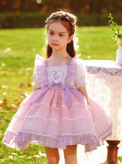 Cute Cartoon Cat Print Decoration Pleated Ruffle Ears Shape Design Chiffon Lace Layered Hem Classic Lolita Big Bow Knot Kid Princess Dress -NAUS Lolita Shop 4 500x672 1172