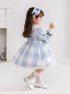 Blue And White Plaid Design Cute Pleated Ruffle Trim Bow Knots Classic Lolita Long Sleeve Kid Dress -NAUS Lolita Shop 4 500x672 1175