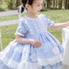 White Lace Tassel Hem Kids Sweet Lolita Blue Short Sleeve Dress
