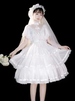 Solid Color Translucent V-Neck Design Bow-Knot Multi-Layer Lace Hem Elegant Classic Lolita Short Sleeve Dress -NAUS Lolita Shop 4 500x672 118