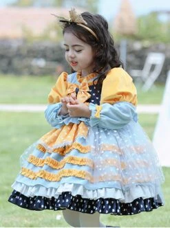 Yellow-Blue Stitching Heart Polka Dots Lace Puff Sleeves Velvet Ruffles Classic Lolita Bow Kids Long-Sleeved Dress -NAUS Lolita Shop 4 500x672 1181