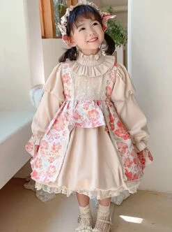 Stand Collar Spring Autumn Flower Print Court Style Puff Sleeves Big Bow-Knot Sweet Lolita Kids Long-Sleeved Dress -NAUS Lolita Shop 4 500x672 1184