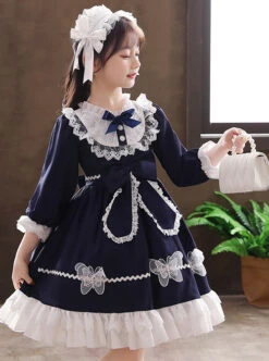 White Lace Pure Color Big Bowknot Children Sweet Lolita Kids Long Sleeve Dress -NAUS Lolita Shop 4 500x672 1186