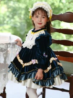 Dark Blue Embroidered Lace Ruffle Irregular Hem Design Bow Decorated Classic Lolita Kids Long Sleeve Dress -NAUS Lolita Shop 4 500x672 1187