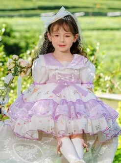Purple Lapel Broken Flowers Lace Puff Sleeve Princess Dress Sweet Lolita Kids Short-Sleeved Dress -NAUS Lolita Shop 4 500x672 1188