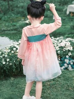 Cute Pink Mesh Flower Print Decoration Delicate Bunny Embroidery Bow Knots Hanfu Style Long Sleeve Kid Dress -NAUS Lolita Shop 4 500x672 1189