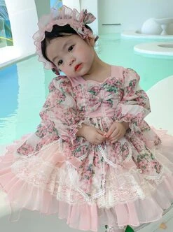 Spring Sweet Lolita Floral Lantern Sleeve Petal Lace Ruffle Hem Kids Long Sleeve Dress -NAUS Lolita Shop 4 500x672 1191