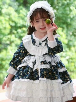 Pastoral Style Floral Lace Multilayer Ruffle Lace Hem Fall Kids Classic Lolita Long Sleeve Dress -NAUS Lolita Shop 4 500x672 1193