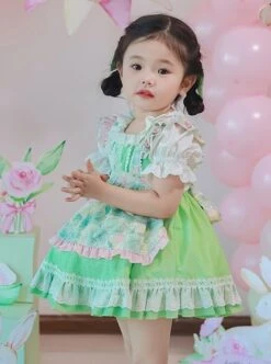 Green Strawberry Series Summer Lace Collar Strawberry Print Cute Green Polka Dot Lace Sweet Lolita Kids Short-Sleeved Dress -NAUS Lolita Shop 4 500x672 1196
