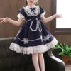 Pure Color Big Bowknot White Lace Children Sweet Lolita Kids Short Sleeve Dress