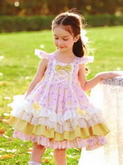 Yellow Bow Knots Decoration Hem Layered Ruffles Cute Purple Graphic Print Classic Lolita Kid Sleeveless Dress -NAUS Lolita Shop 4 500x672 1199