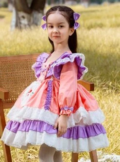 Spring Autumn Sweet Purple Pink Stitching Lace Love Embroidery Classic Lolita Kids Long-Sleeved Dress -NAUS Lolita Shop 4 500x672 1202
