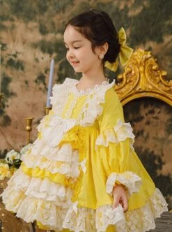 White Lace Stitching Lantern Sleeve Cute Yellow Princess Dress Spring Autumn Classic Lolita Kids Long-Sleeved Dress -NAUS Lolita Shop 4 500x672 1204