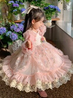 Pleated Lace Mesh Design Delicate Flower Embroidery Cute Long Sleeves Three-Dimensional Flower Decoration Classic Lolita Kid Dress -NAUS Lolita Shop 4 500x672 1206