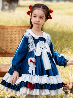 Doll Collar Lovely Long Ear Rabbit Bowknot Children Sweet Lolita Kids Blue Velour Long Sleeve Dress -NAUS Lolita Shop 4 500x672 1208