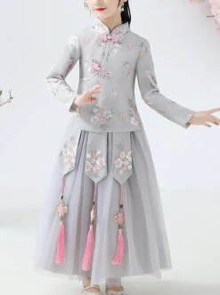 Children Elegant Flower Embroidery Gray Long Sleeve Chinese Style Long Dress -NAUS Lolita Shop 4 500x672 1209
