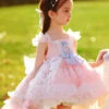 Chiffon Double Pleated Hem Decorative Floral Lace Blue Bow Knot Children Classic Lolita Kids Sleeveless Dress