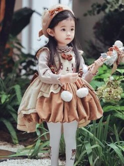 Little Bear Coco Series Autumn Winter Warm Caramel Color Little Bear Embroidered Pom Ball Decoration Sweet Lolita Kids Sleeveless Dress -NAUS Lolita Shop 4 500x672 1218