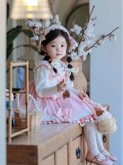 Plush Tulip Pattern Decoration Polka-Dot Hem Pleated Bow Knot Classic Lolita Pink Cute Suspender Dress -NAUS Lolita Shop 4 500x672 1220