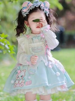 Cute Bear Pattern Print Plush Ball Crinkled Bow Trim Irregular Hem Sweet Lolita Kid Princess Slip Dress -NAUS Lolita Shop 4 500x672 1226