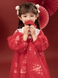 Red Chinese Style Cherry Blossom Magpie Print Lantern Sleeve Stitching Fake Two-Piece Classic Lolita Long-Sleeved Dress -NAUS Lolita Shop 4 500x672 1231