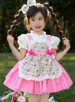 Lace Round Neck Broken Flowers Apron Cute Puff Sleeve Blue Plaid Little Maid Sweet Lolita Kids Short-Sleeved Dress -NAUS Lolita Shop 4 500x672 1233