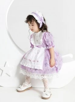 Purple Cartoon Anime Print Ruffle Lace Apron Sweet Lolita Kids Short Sleeve Dress -NAUS Lolita Shop 4 500x672 1235