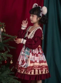 Christmas Little Bear Series Cute Christmas Little Bear Print Ribbon Lantern Sleeves Lace Bow Ruffle Hem Classic Lolita Kids Long Sleeve Dress -NAUS Lolita Shop 4 500x672 1237